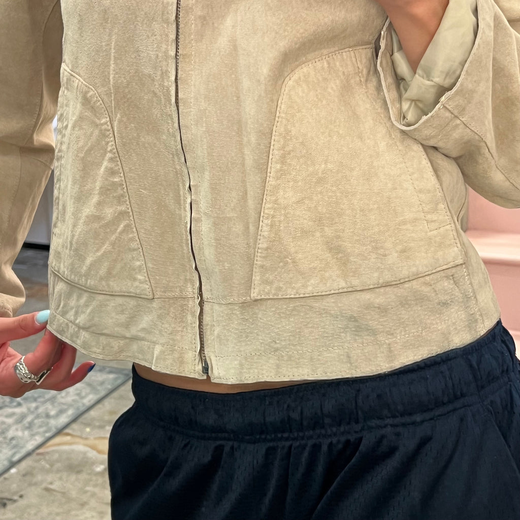 Cream suede zip up fitted jacket