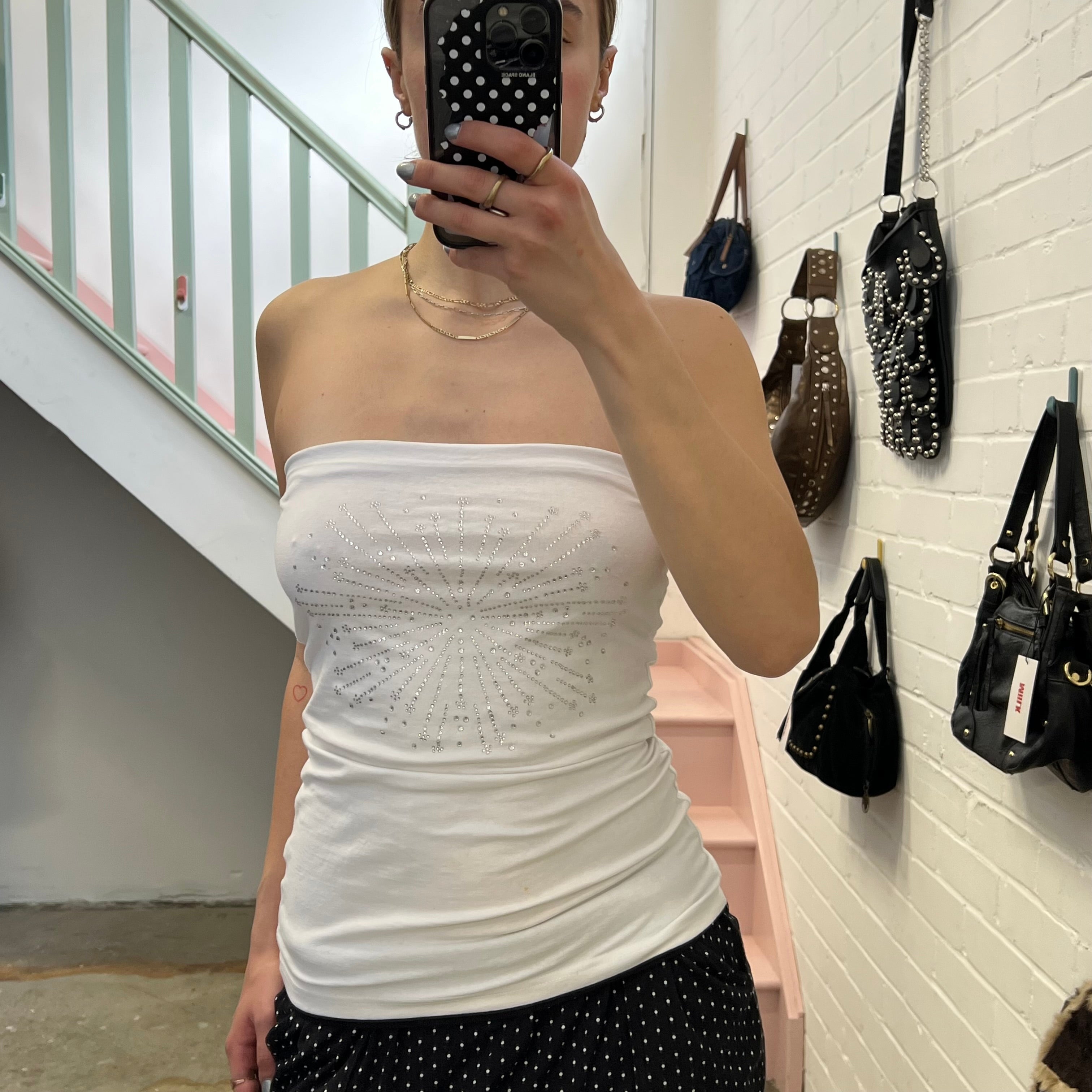 White strapless top with silver gems