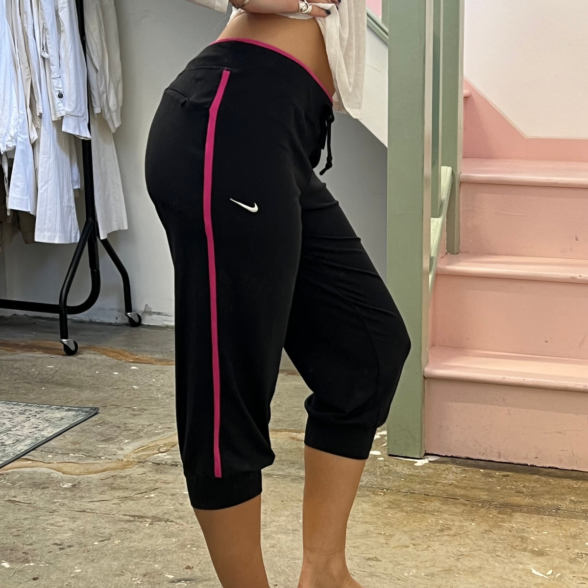 Nike black and pink sporty cinched capris