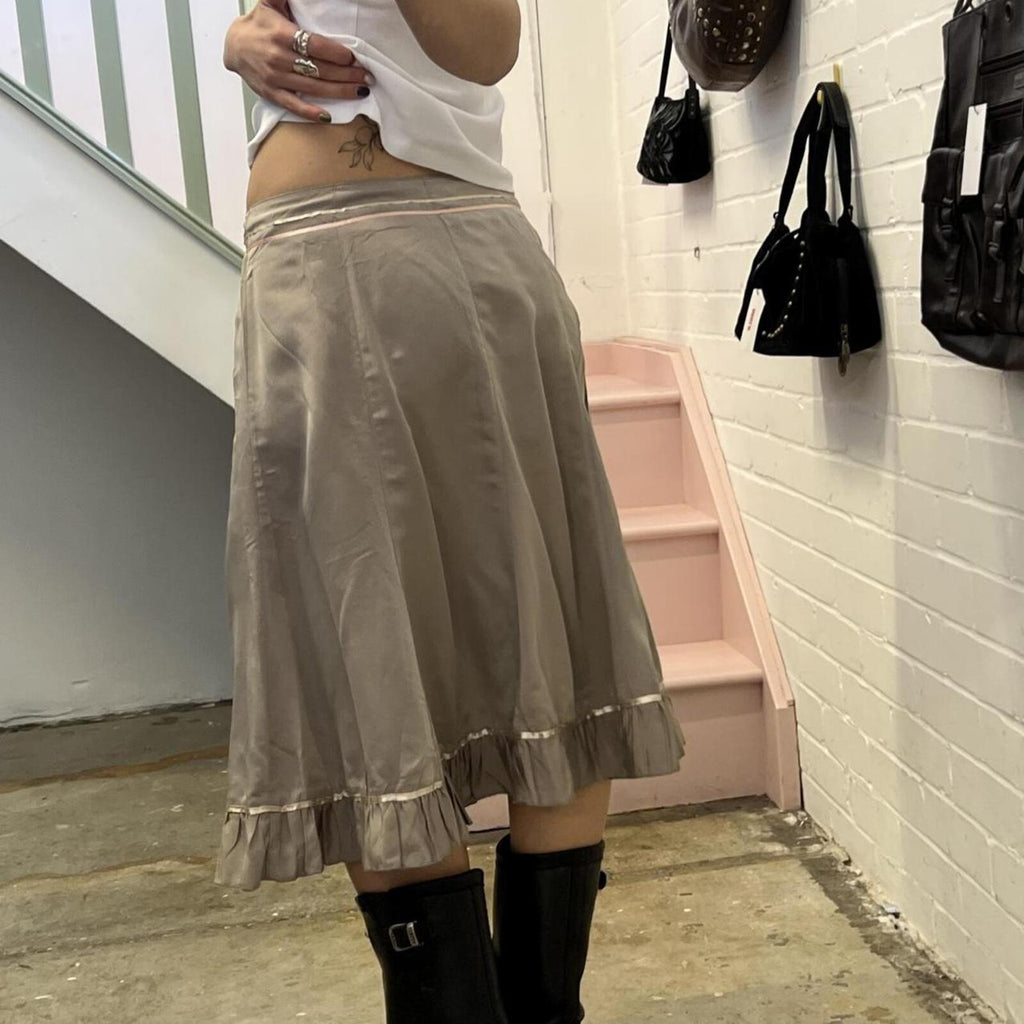Cream beige satin floaty vintage midi skirt with stripe trim
