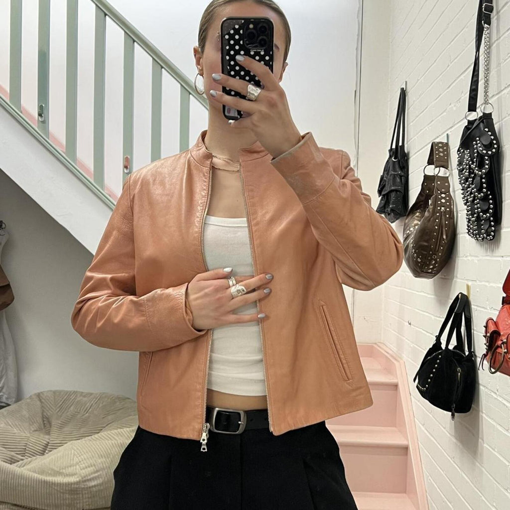 baby pink dusty pink zip up fitted vintage leather jacket with dual zip