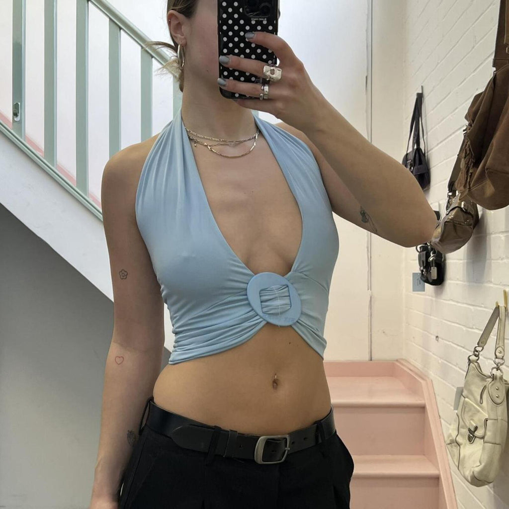 blue halter neck vintage vest with ring detail