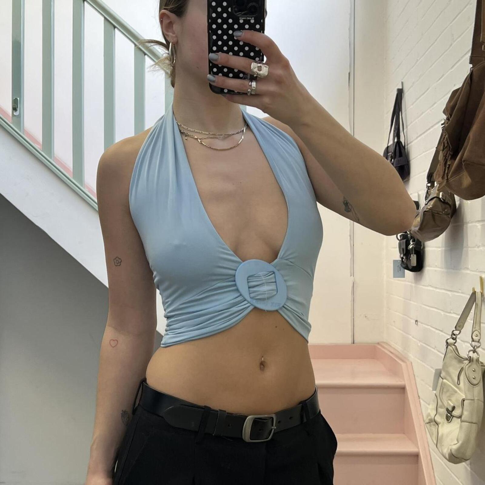 blue halter neck vintage vest with ring detail