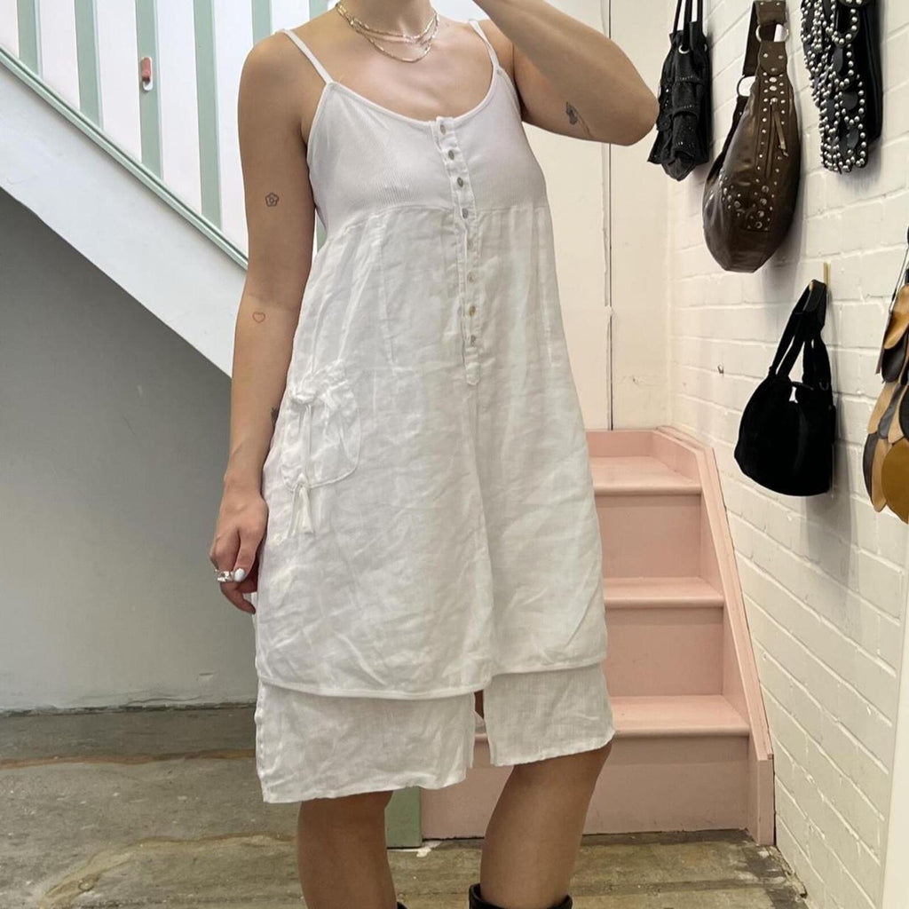 Italian vintage white linen bubble layered utility style midi dress