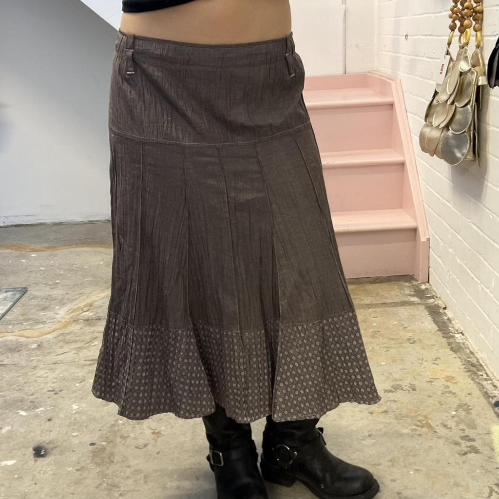 Brown crinkle vintage utility style maxi skirt