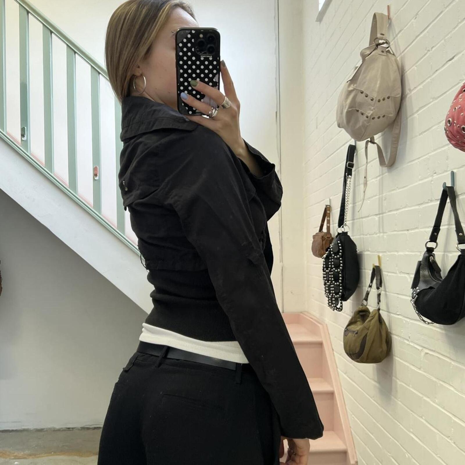 black fitted vintage peacoat with elastic waist