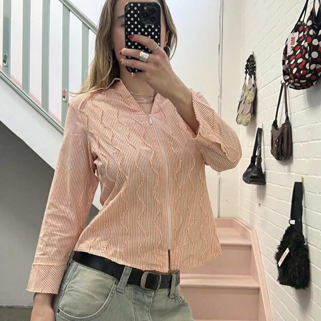 Orange and white pinstripe zip up fitted vintage shirt