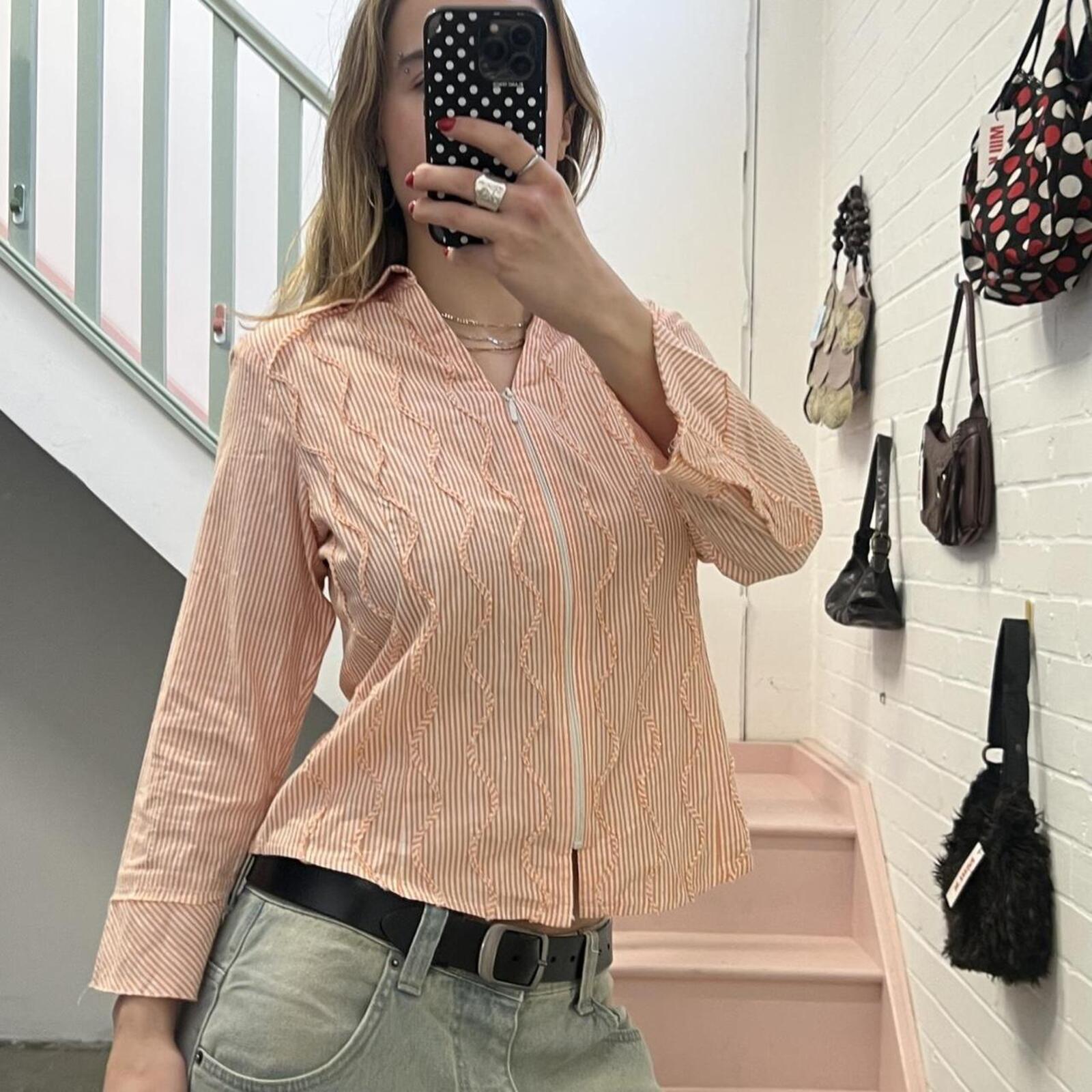 Orange and white pinstripe zip up fitted vintage shirt