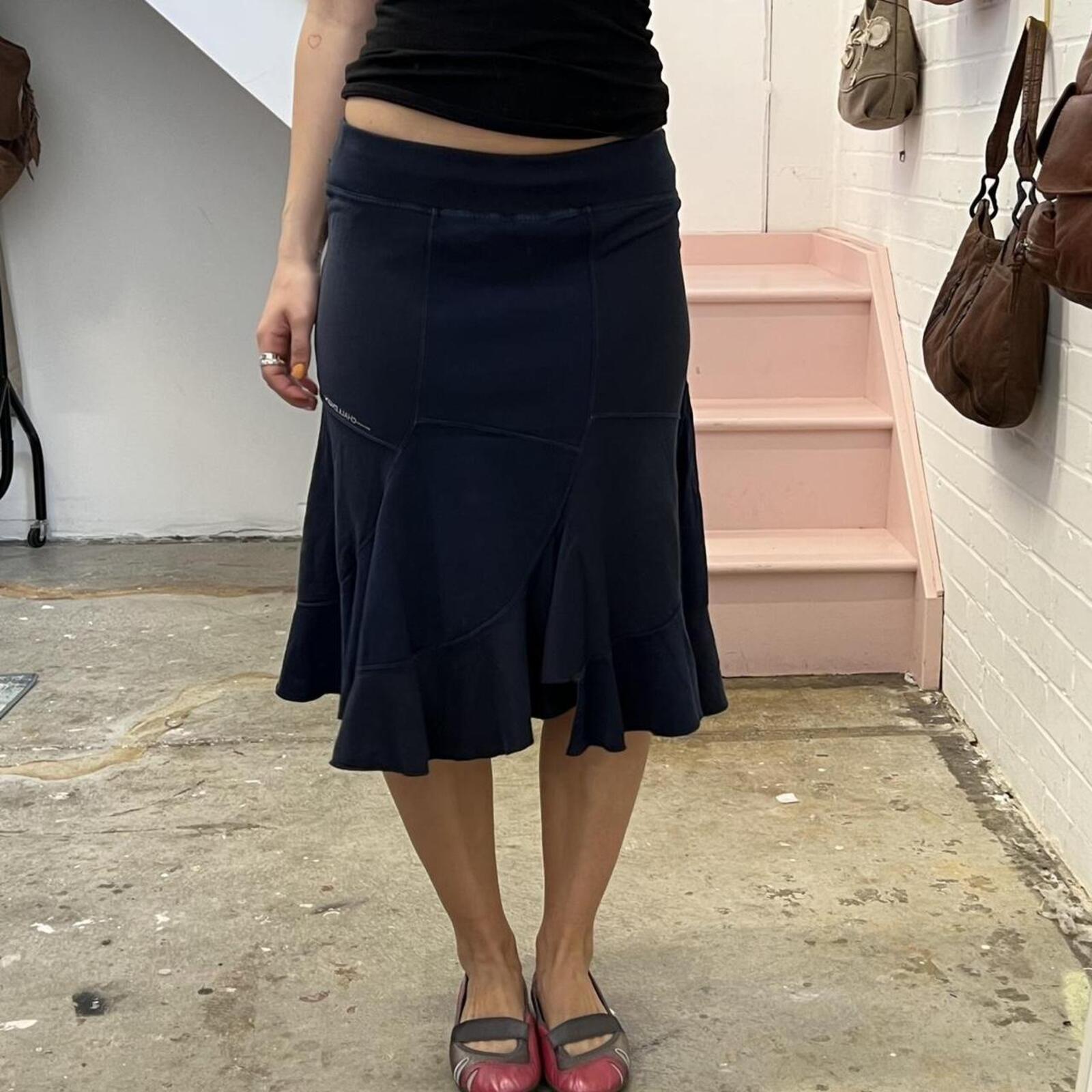 Navy patchwork low rise sporty floaty vintage midi skirt