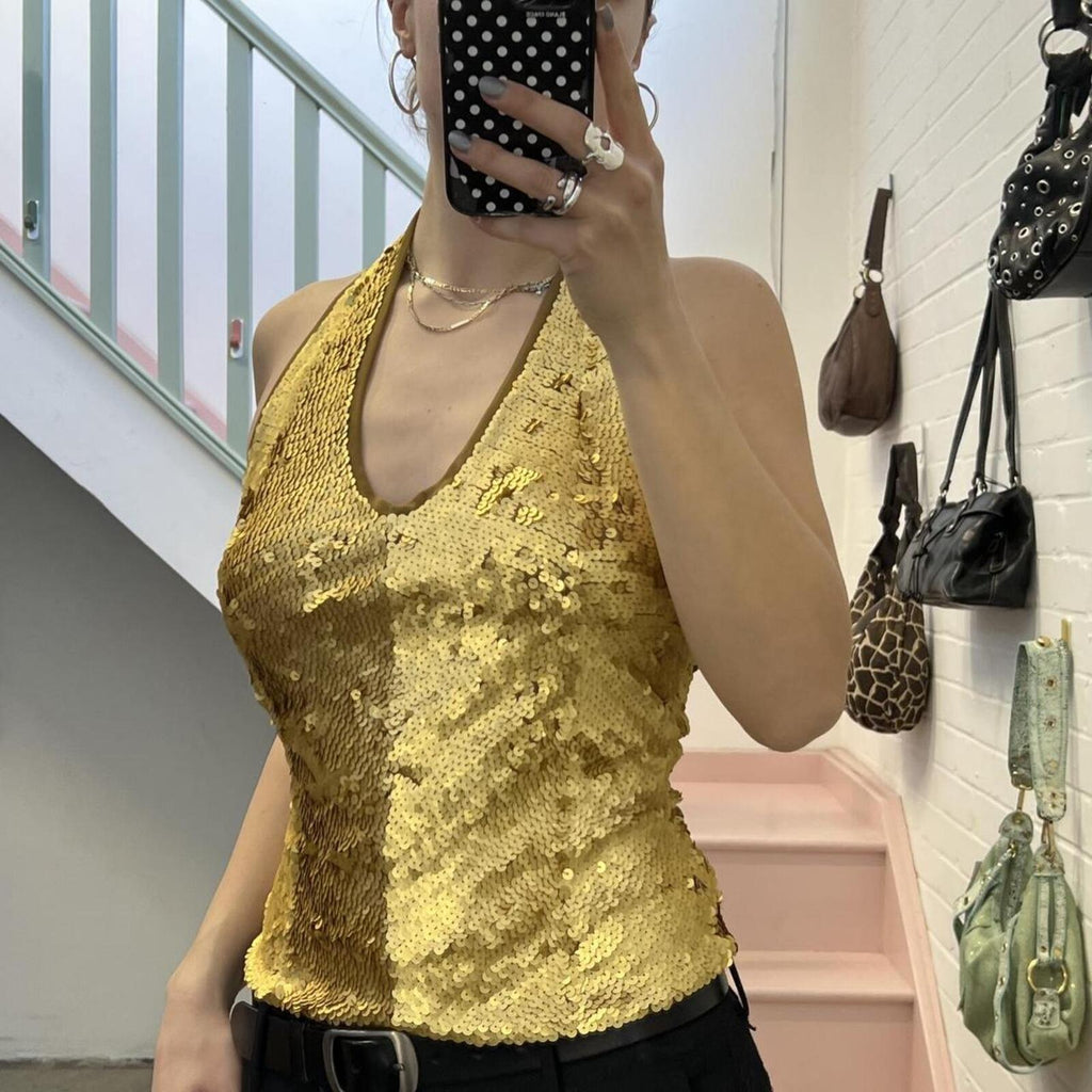 Gold sequin embellished halterneck vest