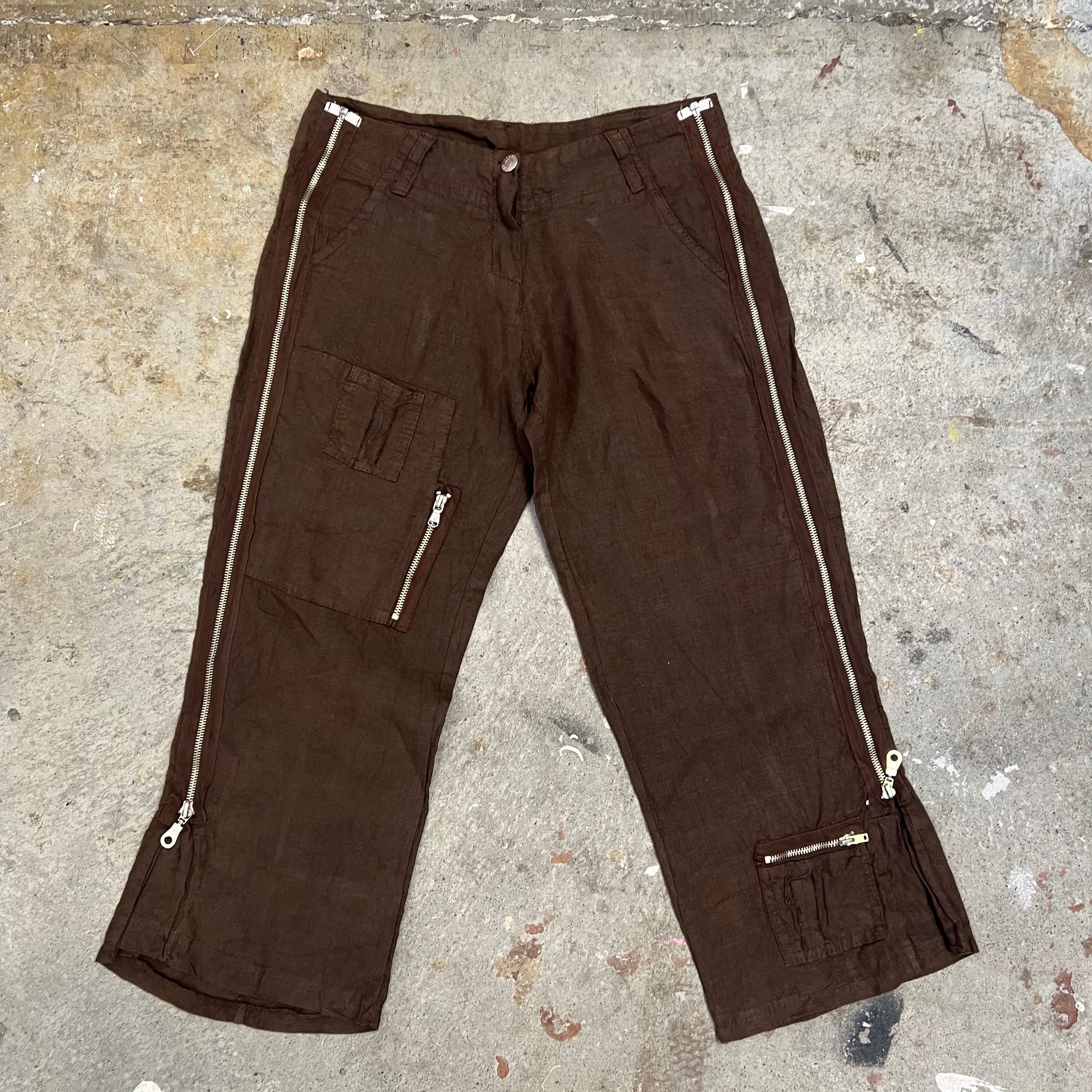 Brown linen capris with zip detail
