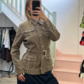 Khaki linen button up belted jacket