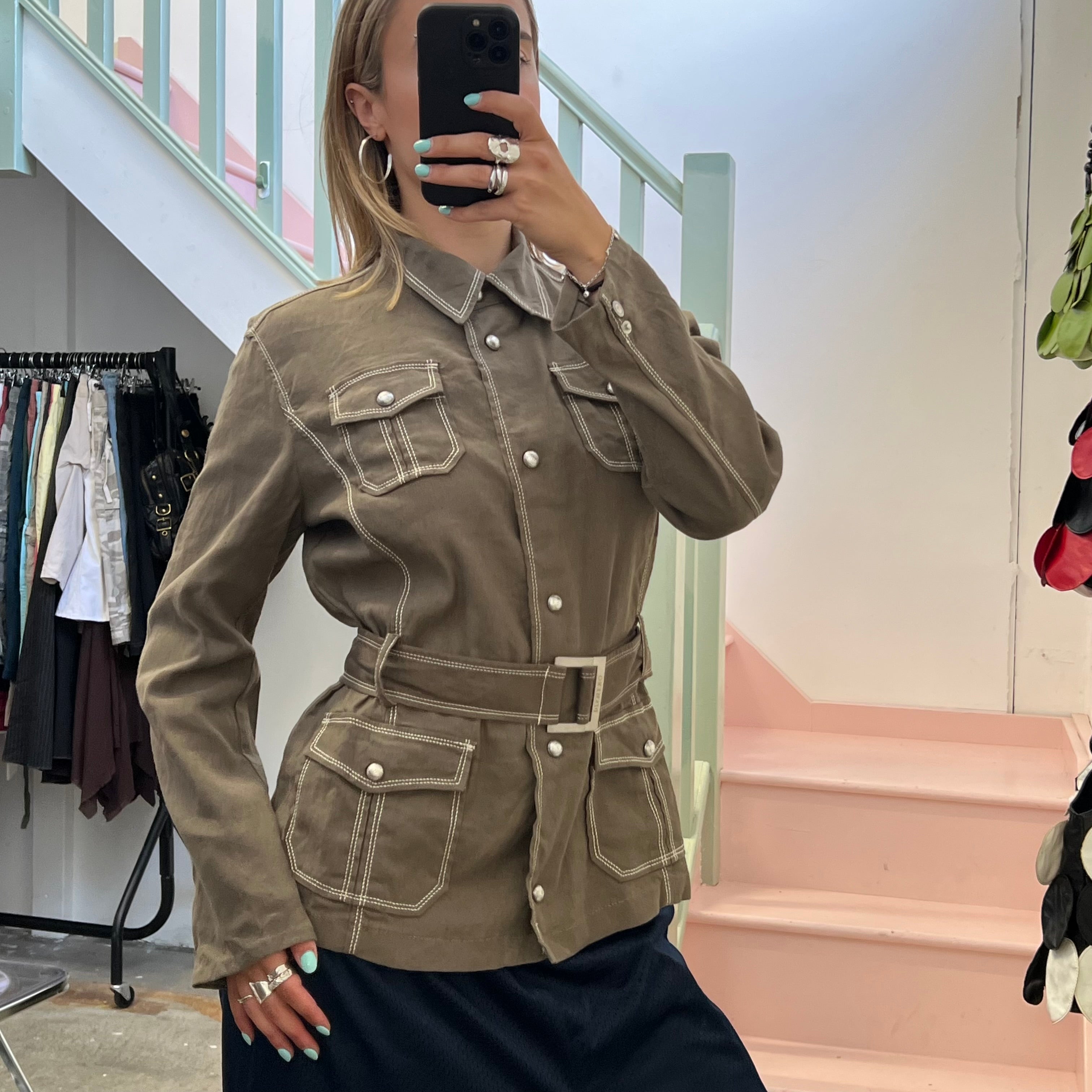 Khaki linen button up belted jacket