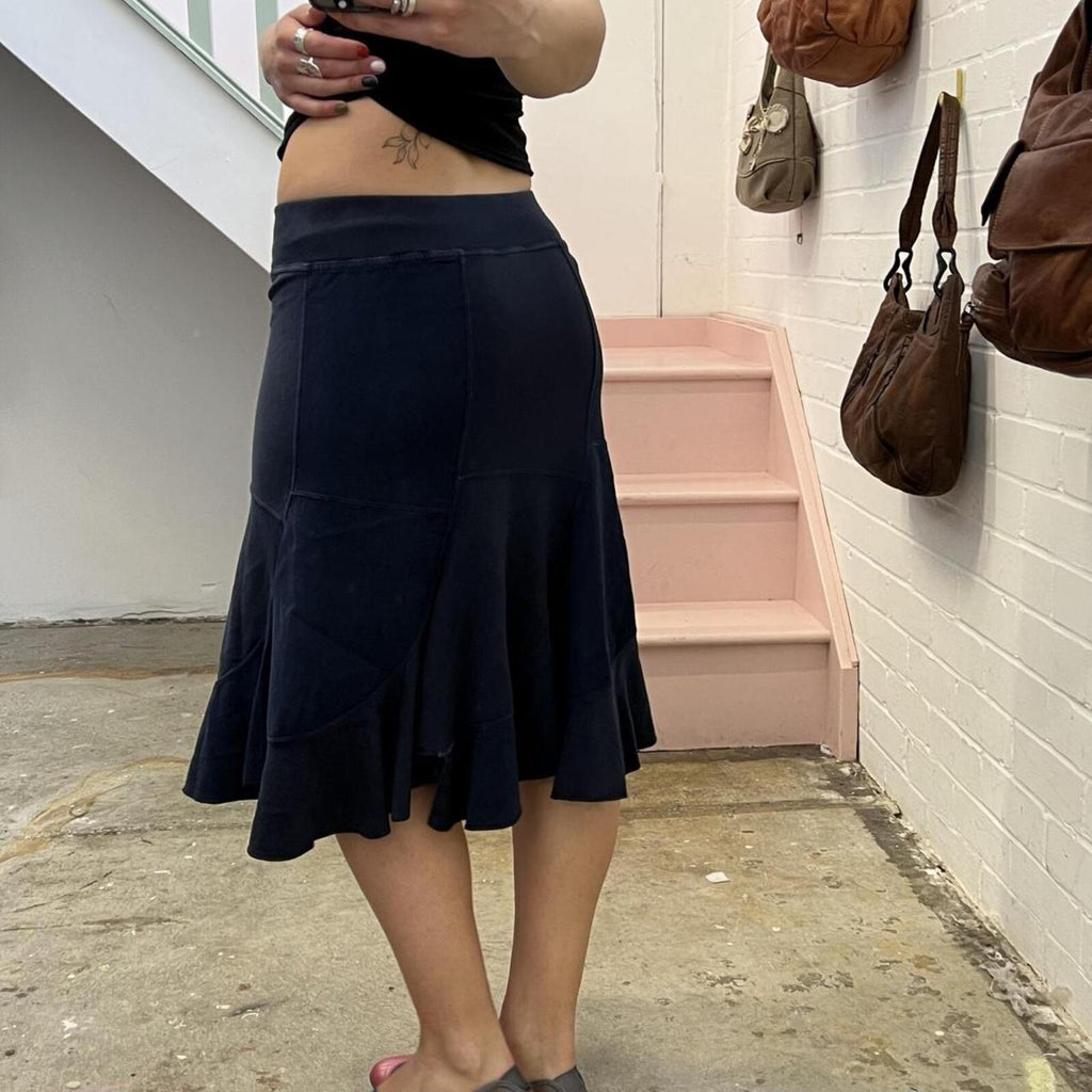 Navy patchwork low rise sporty floaty vintage midi skirt