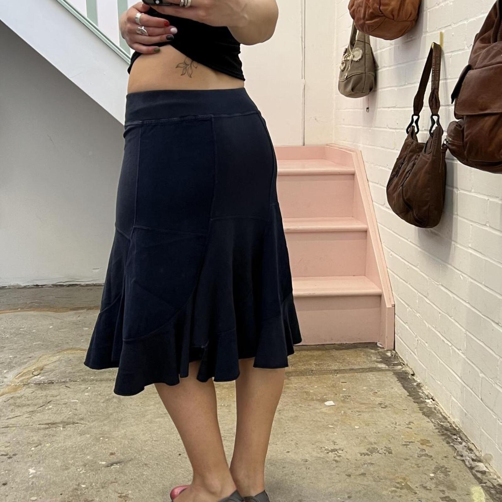 Navy patchwork low rise sporty floaty vintage midi skirt