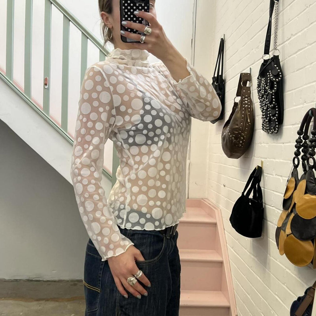 white polka dot mesh high neck top