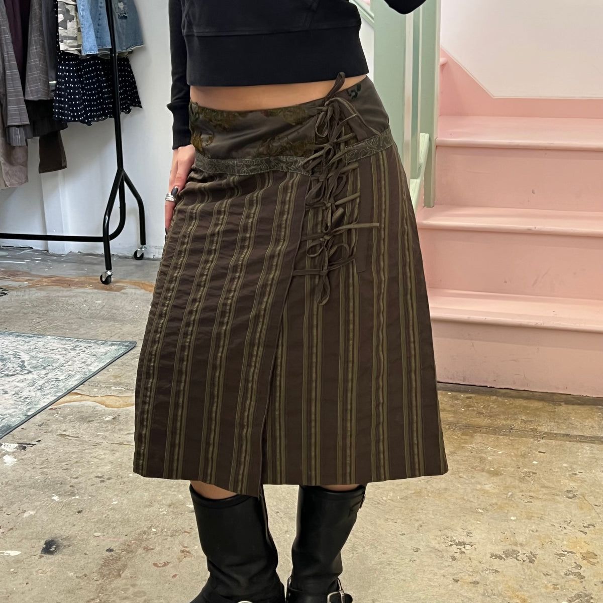 Khaki green stripe wrap around skirt