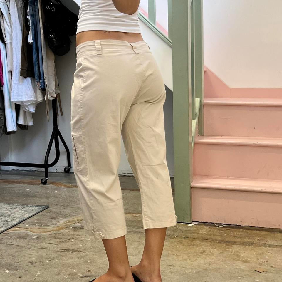 Cream wide leg cargo capris