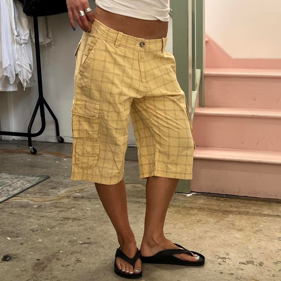 Cream checkered cargo shorts