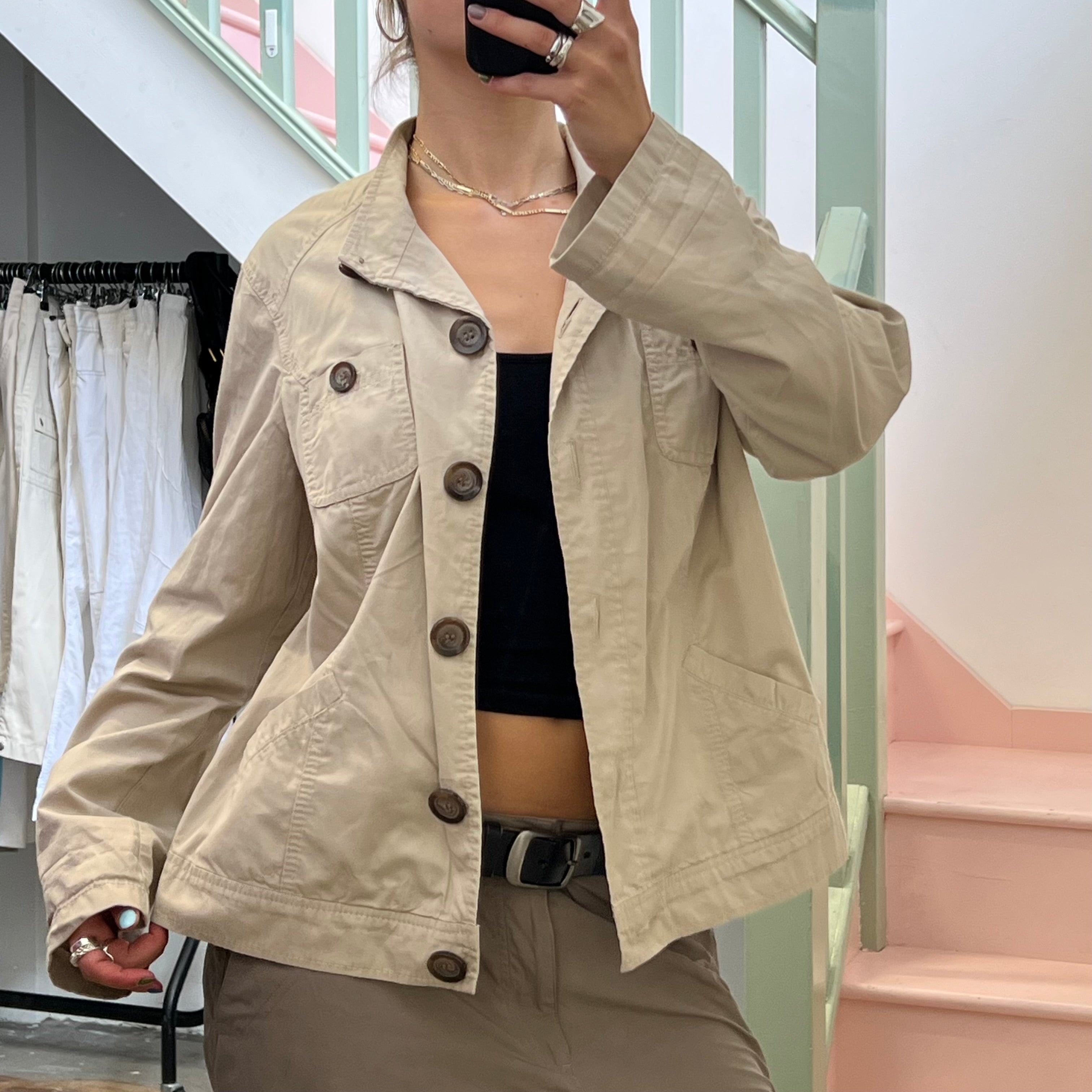 Cream button up lightweight utility jacket