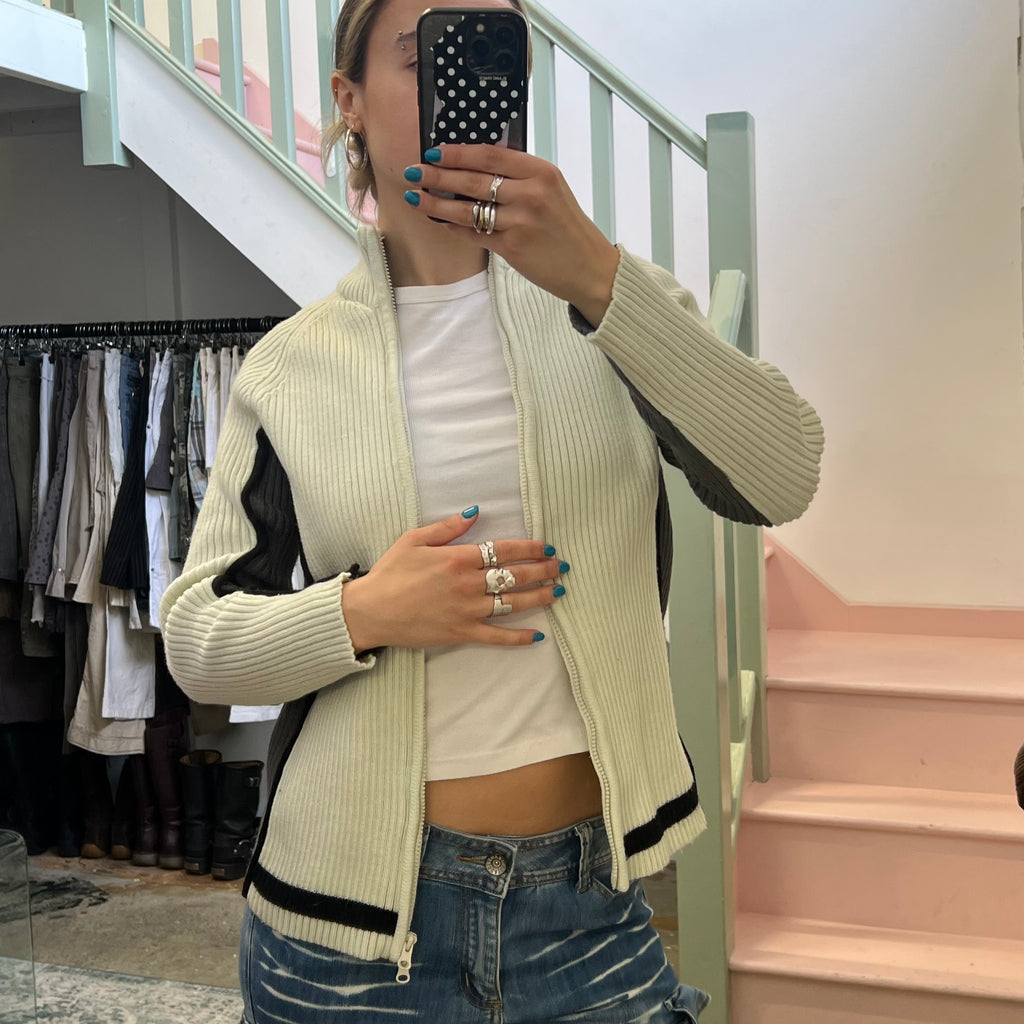 White and grey ribbed knitted zip up sweater