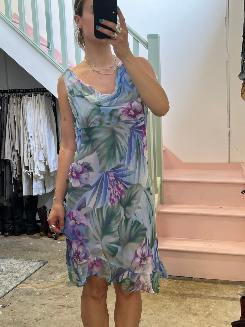 Lilac floral silk cowl neck midi dress