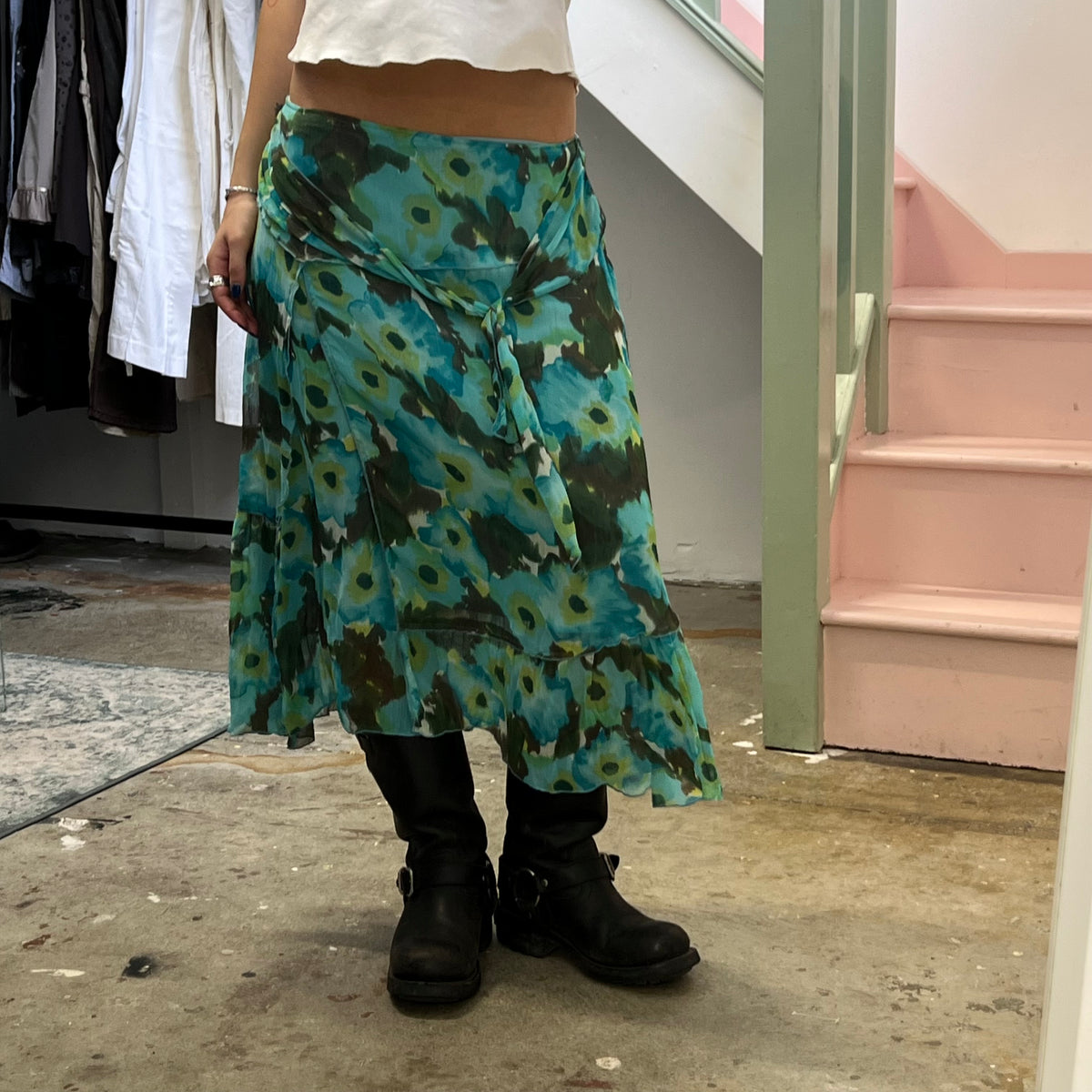 Turquoise printed floral maxi skirt