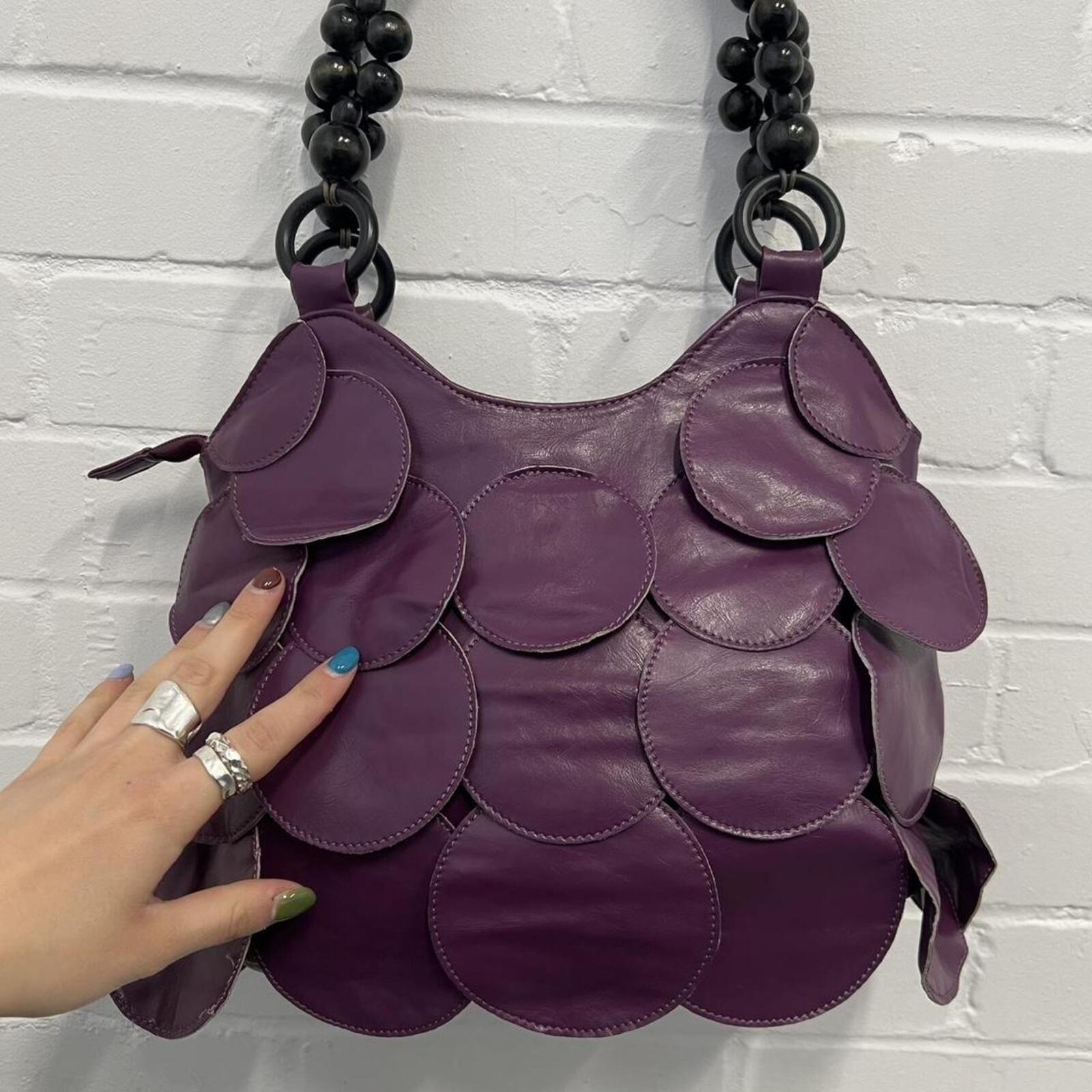 purple vintage faux leather layered disc bag with beaded strap