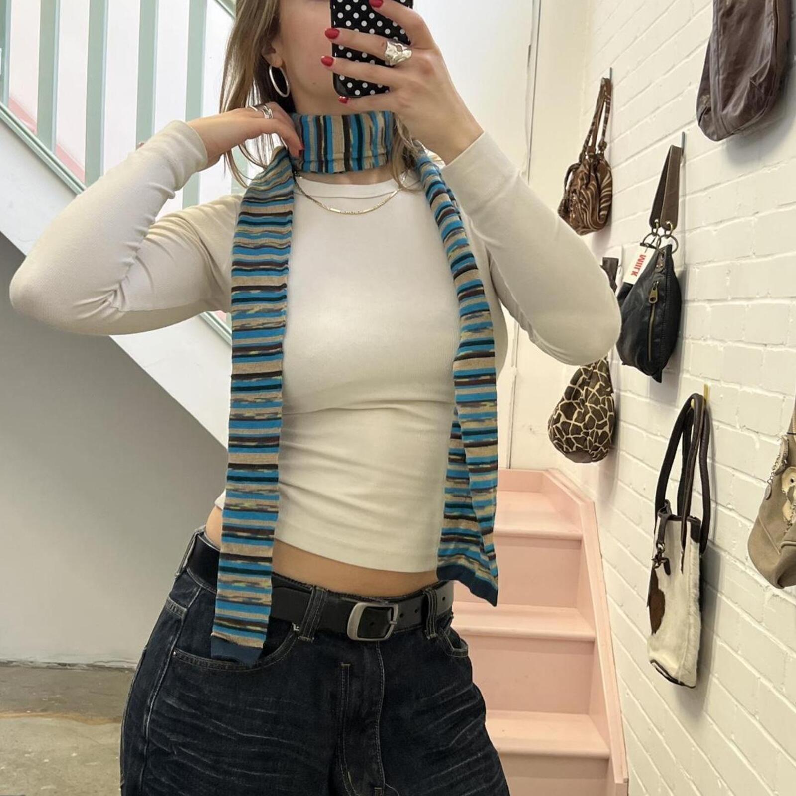 Blue and brown striped skinny vintage scarf