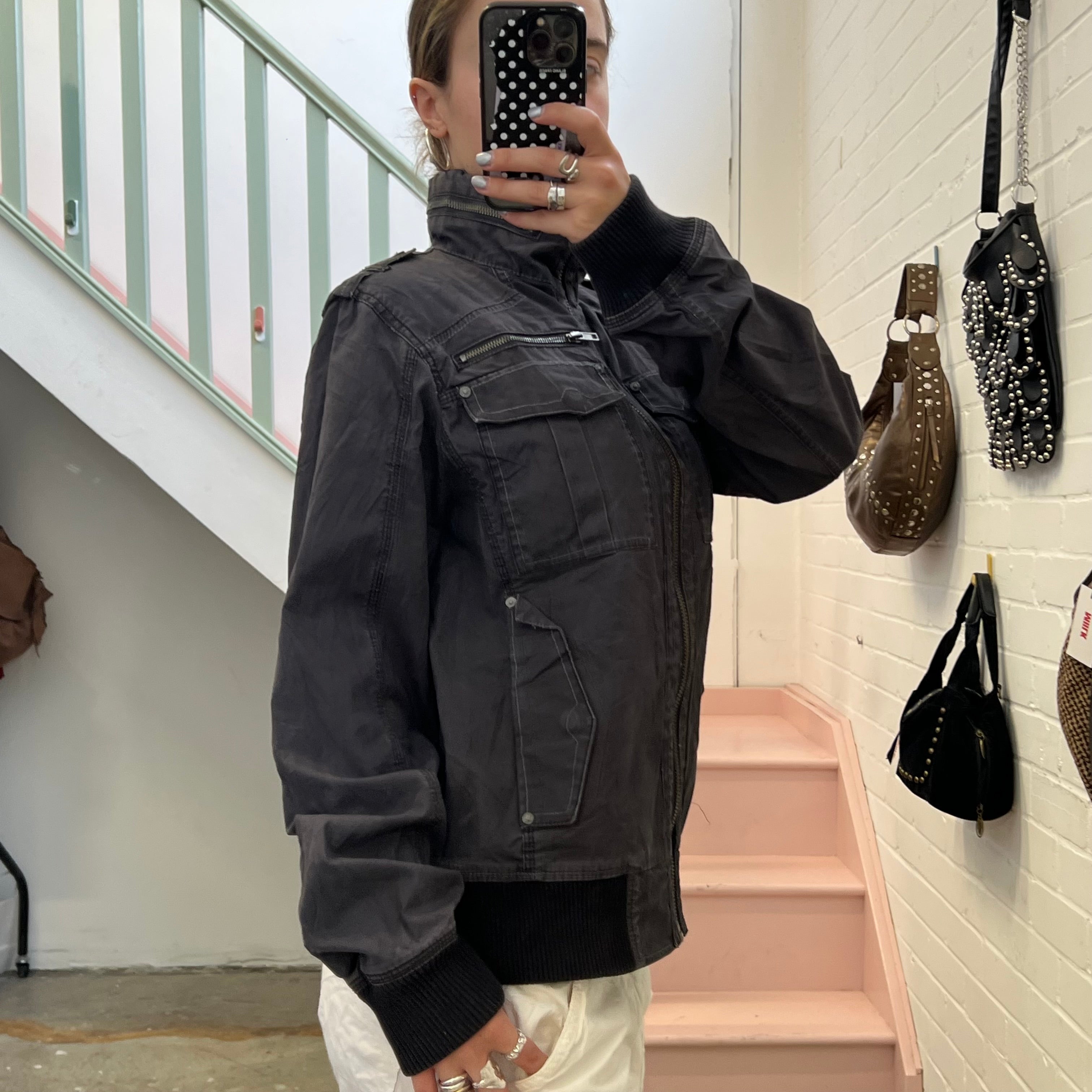 Navy grey oversized utility style bomber jacket
