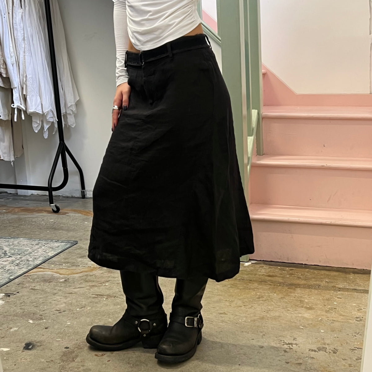 Black linen cargo maxi skirt