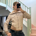 Cream fitted leather bomber jacket