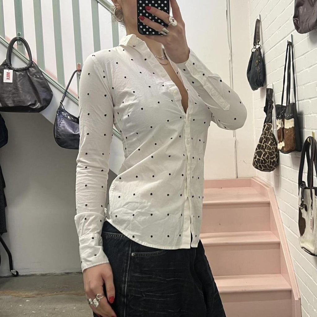 white and black fitted polka dot vintage shirt