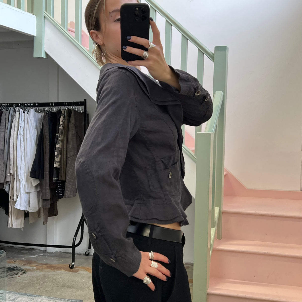 Grey linen ruffle blazer