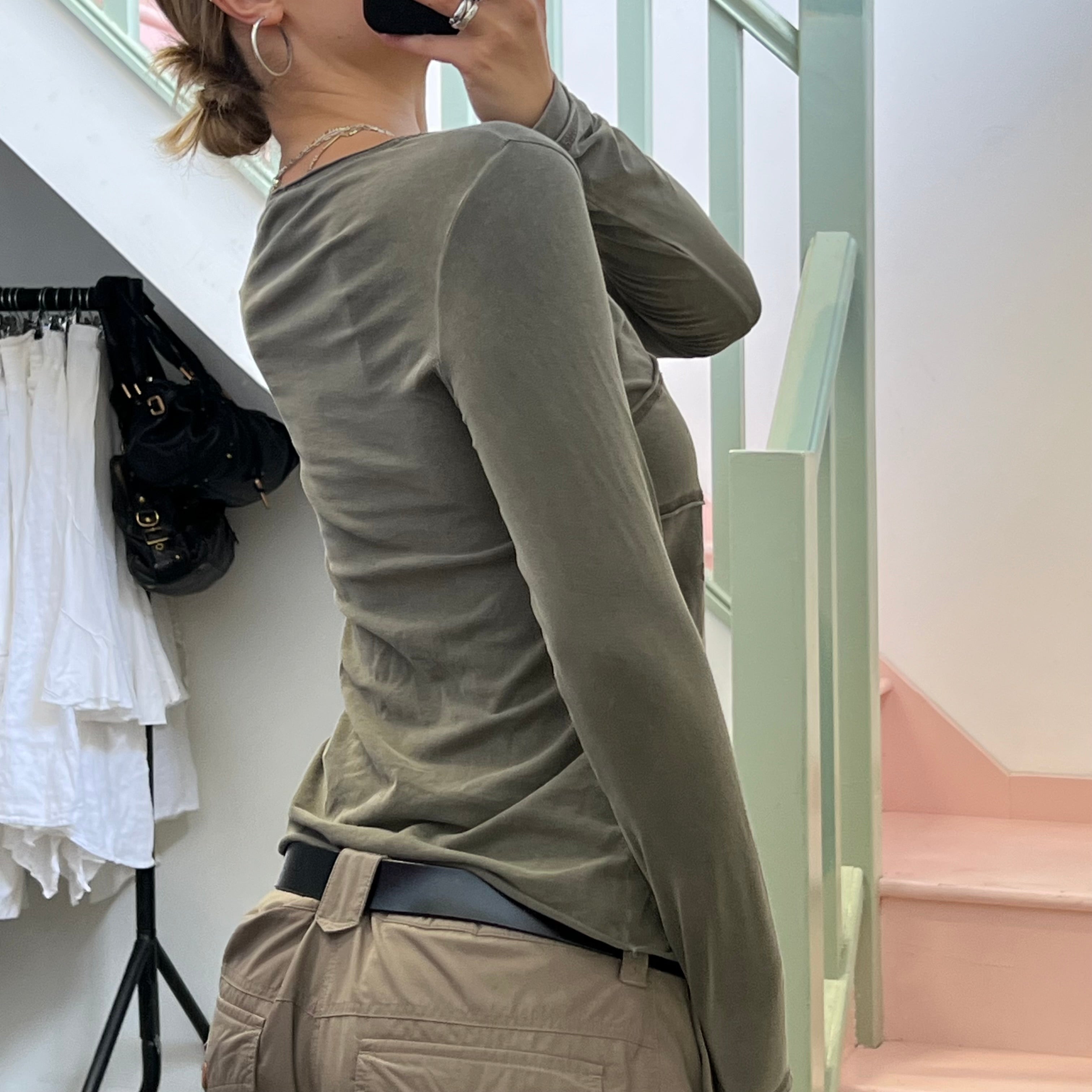Khaki embroidered asymmetrical long sleeve top