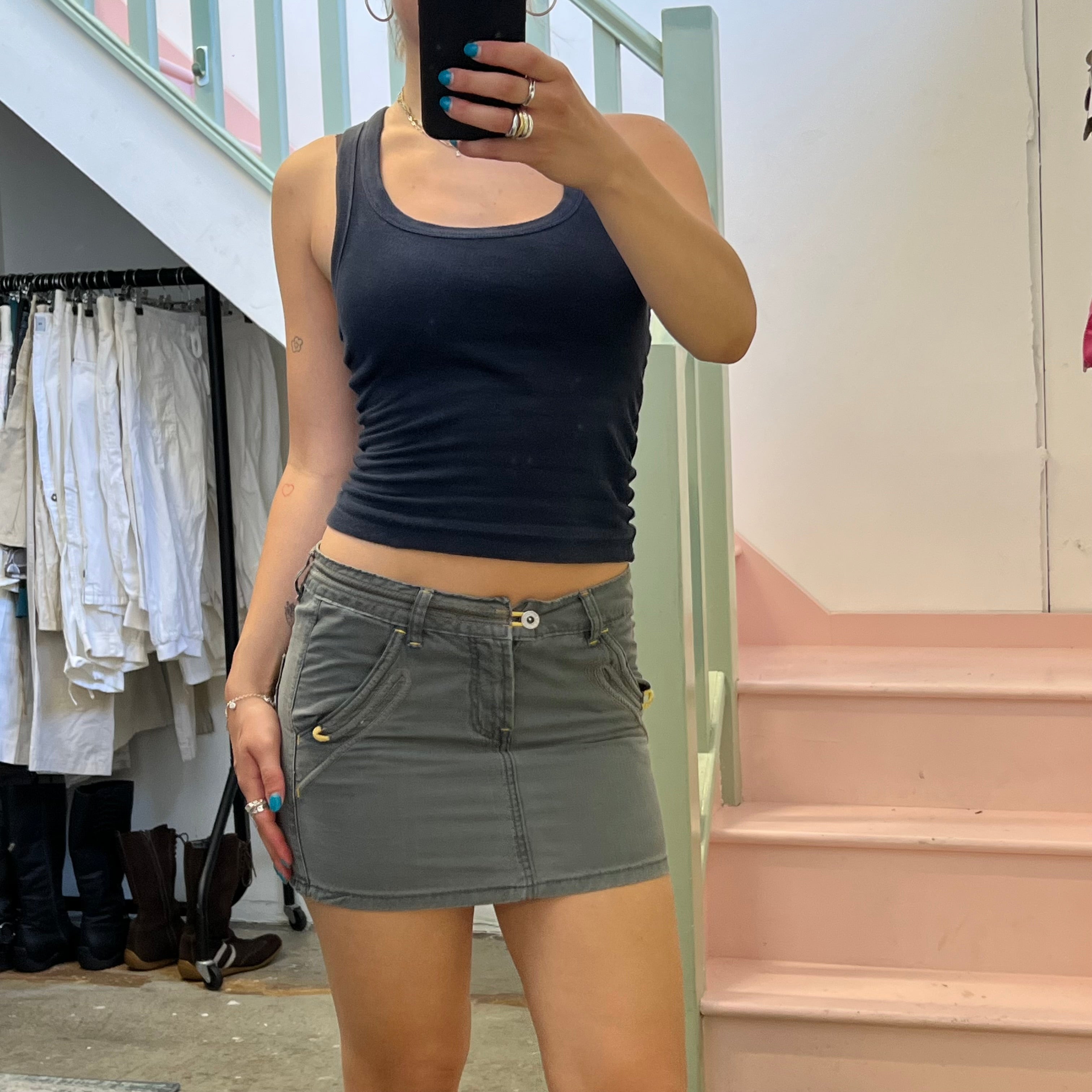 Grey denim mini skirt with contrast stitching