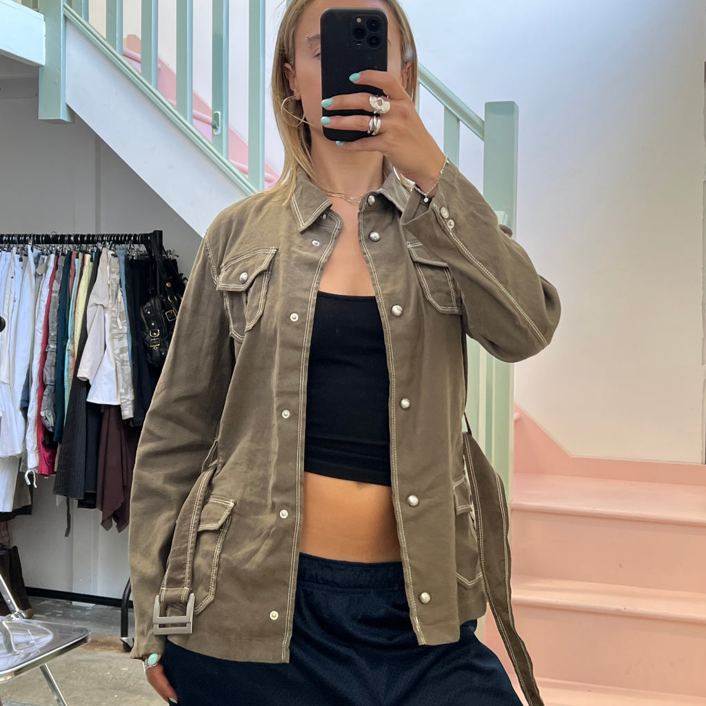 Khaki linen button up belted jacket
