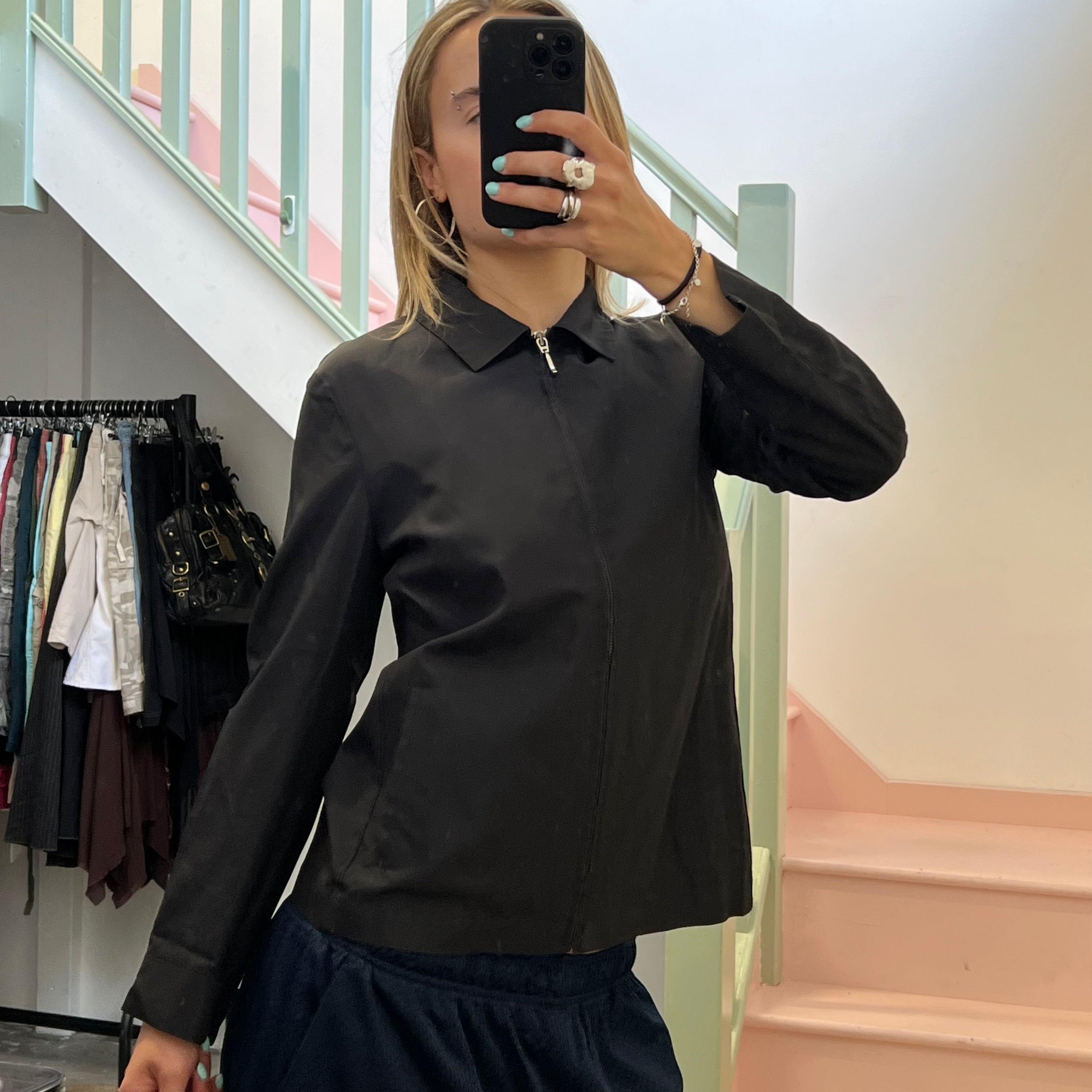 Black lightweight zip up fitted jacket