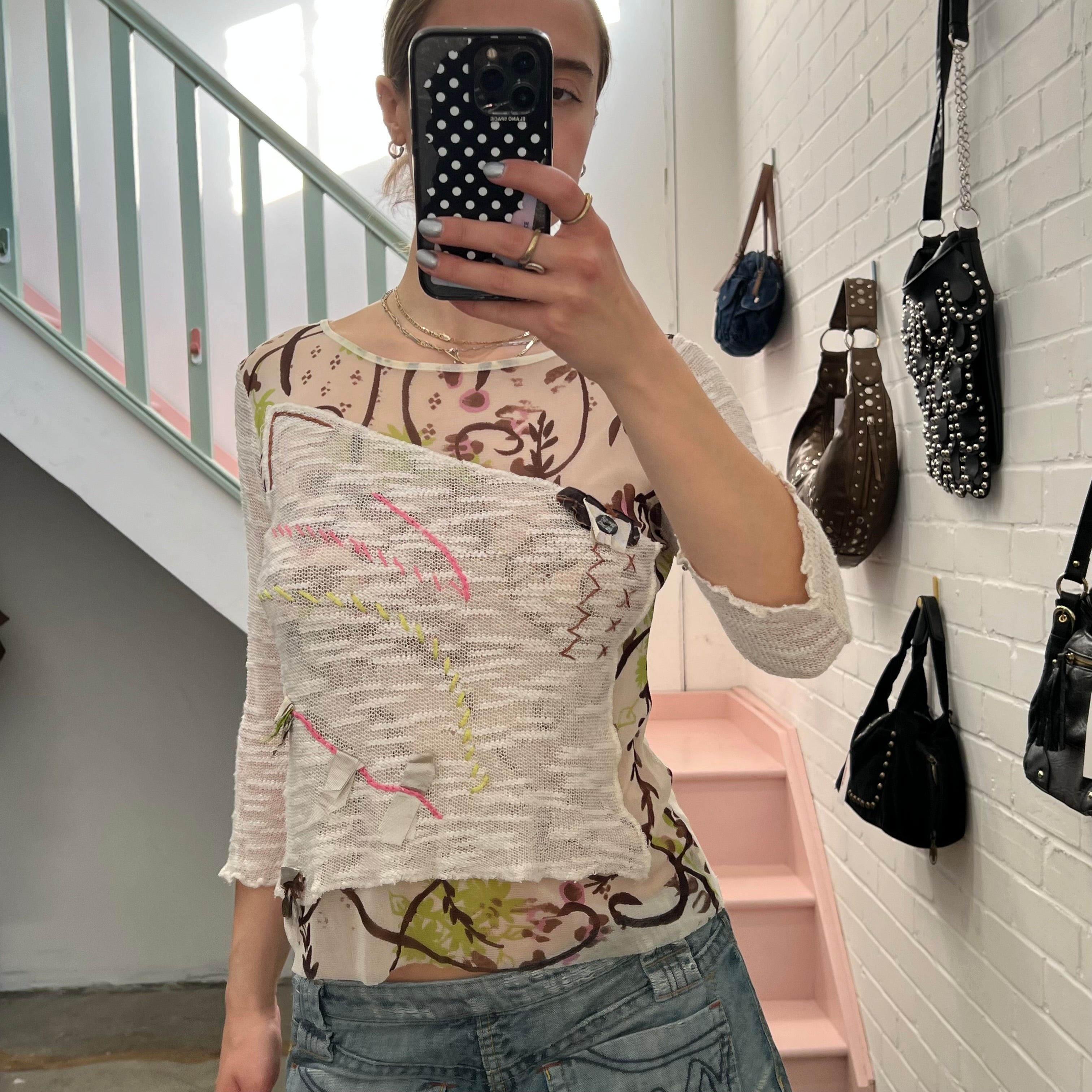 White mesh printed top with stitching detail