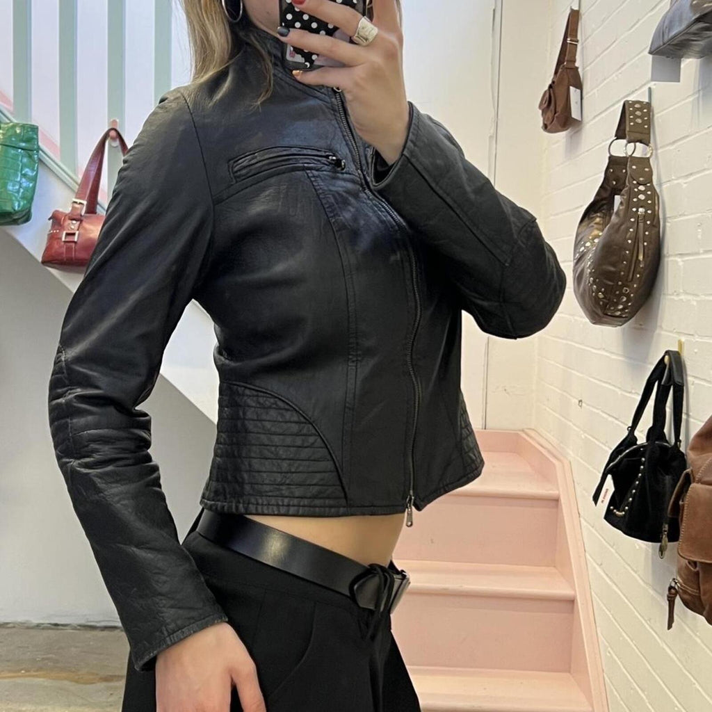 Black fitted zip up real leather vintage biker jacket with dual zip