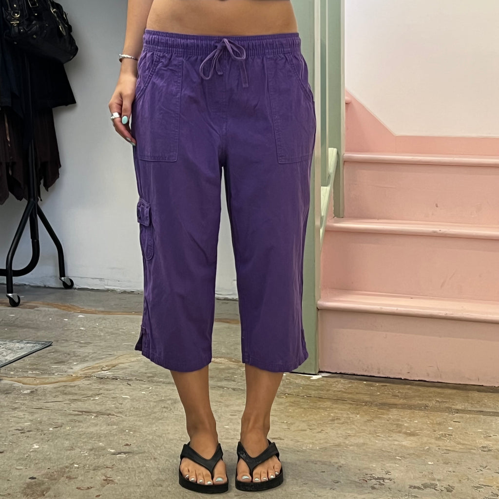 Purple cotton tie waist capris