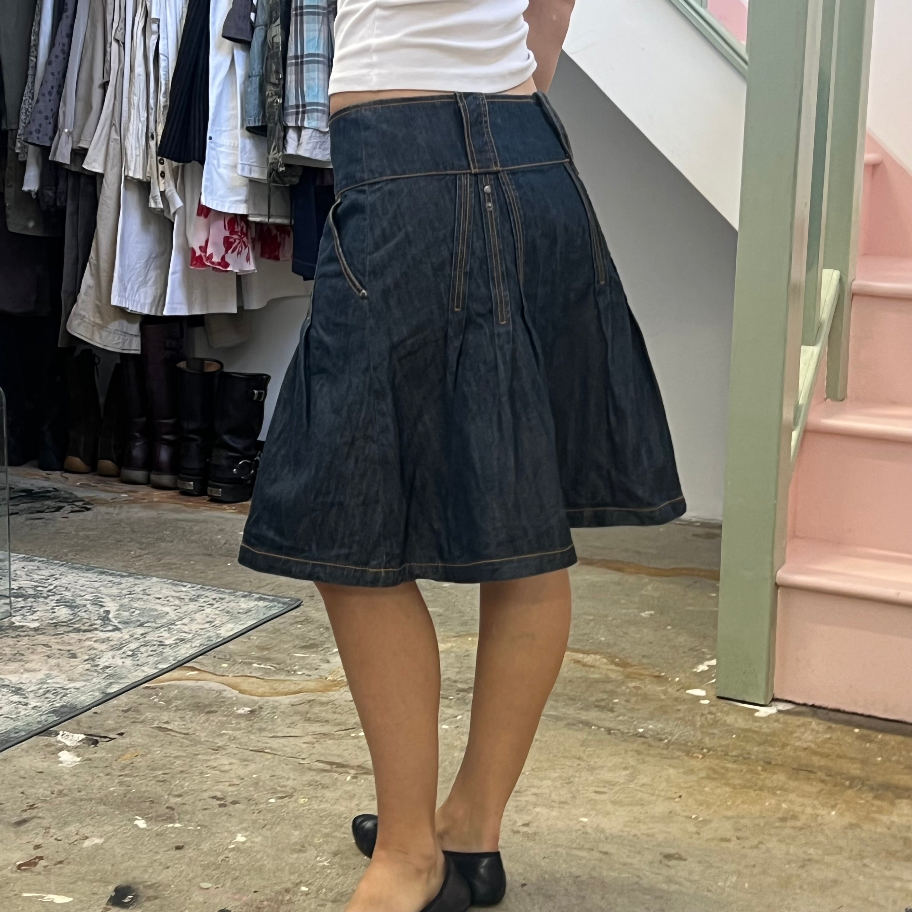 Dark wash denim pleated midi skirt