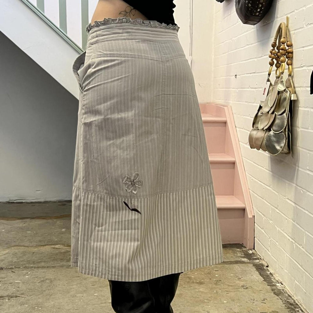 cream and grey pinstripe vintage maxi skirt with floral embroidery