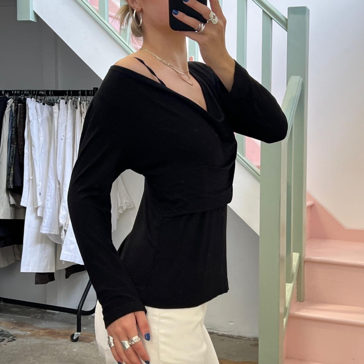 Black slouchy cowl neck top
