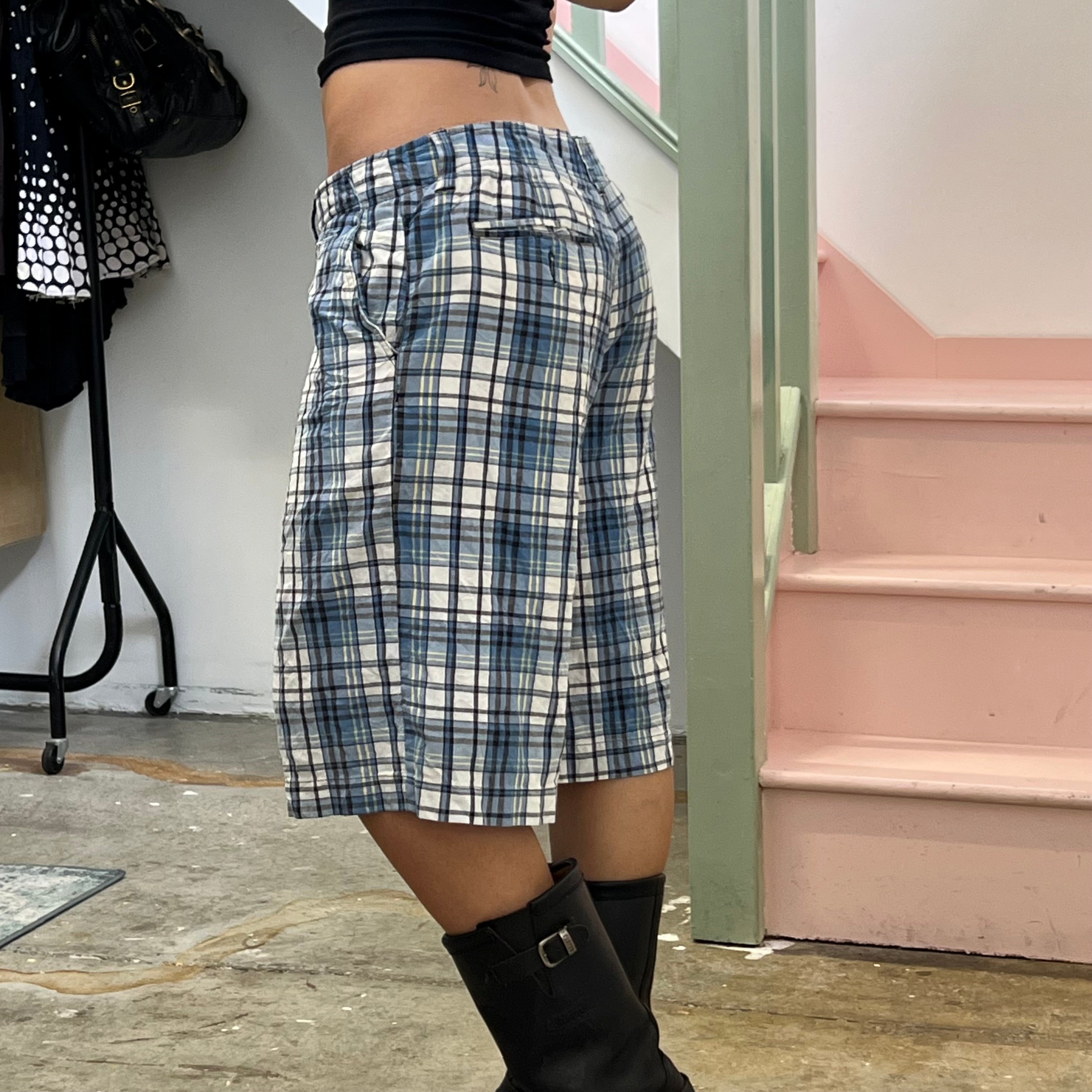 Blue and white checkered baggy shorts