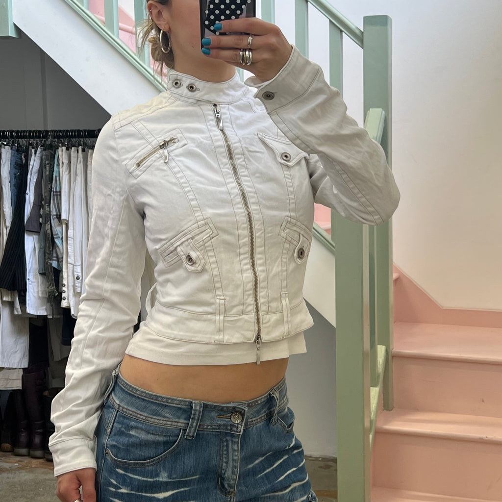 White denim zip up biker jacket