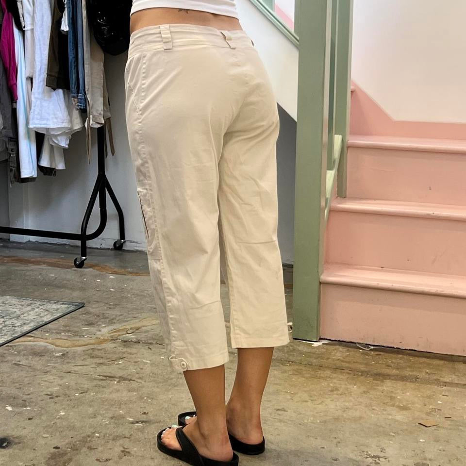 Cream wide leg cargo capris