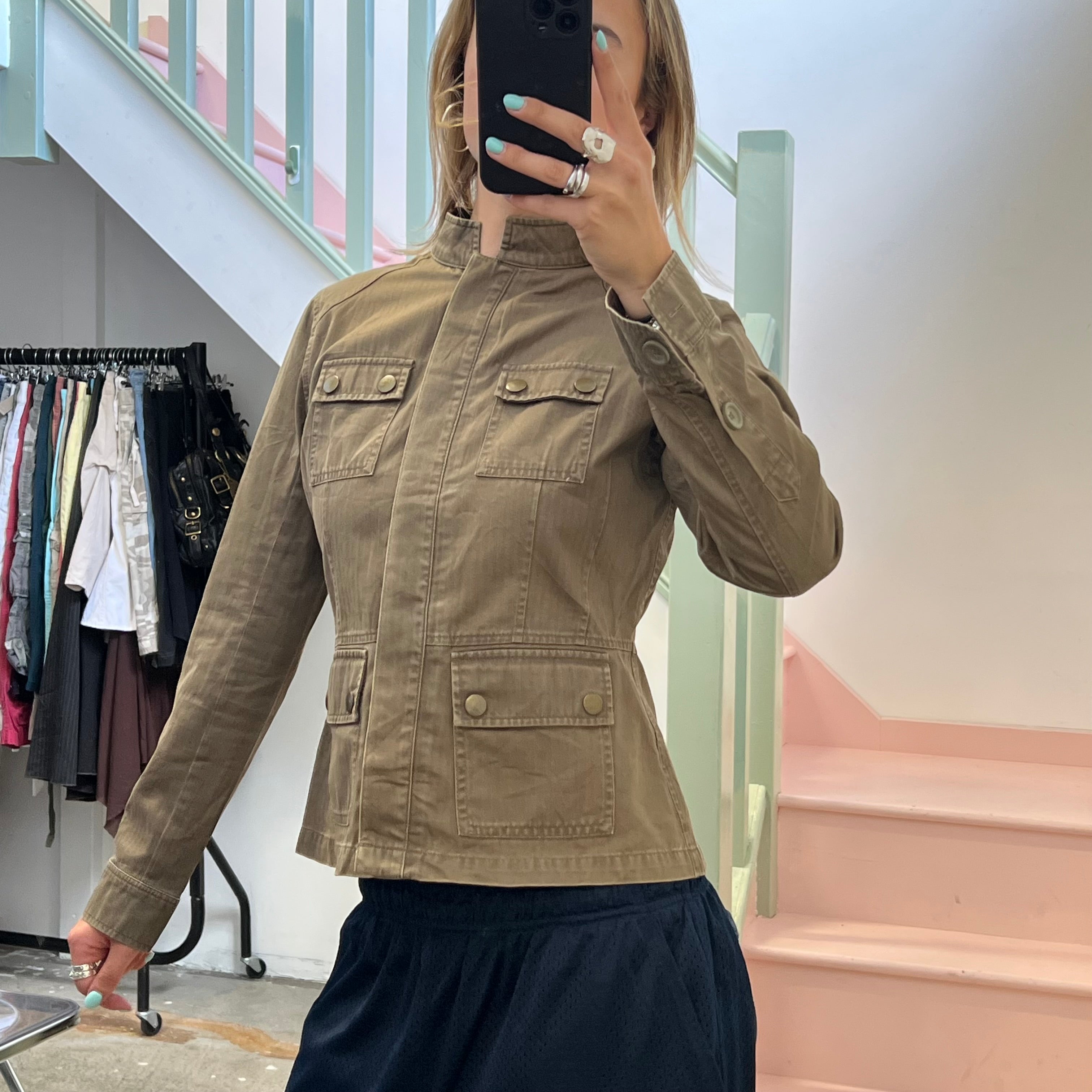 Oasis khaki button up fitted utility style jacket