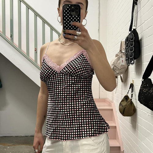 black pink and white satin polka dot lace trim vintage cami