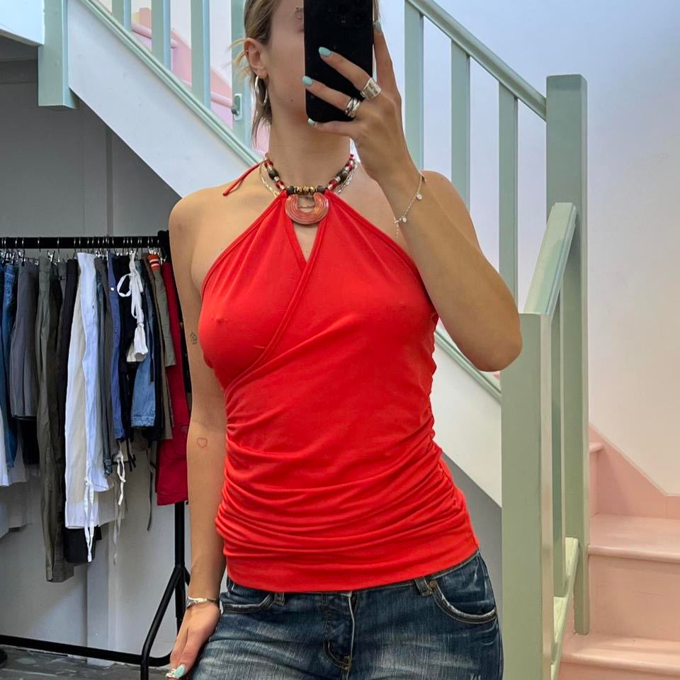 Red halter-neck ruched beaded vest